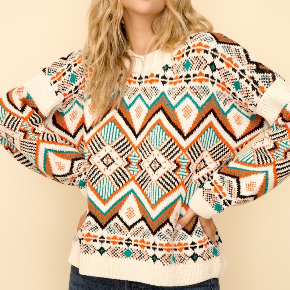 Hem & Thread Ethnic Motif Crewneck Sweater